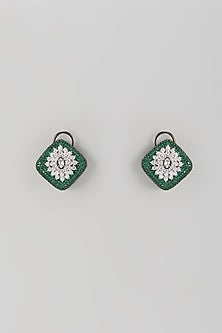 White Finish Zircon & Emerald Stone Stud Earrings