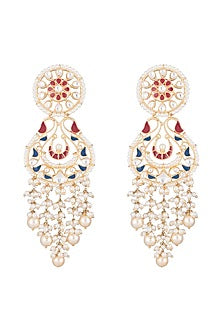 Gold Finish Enamled Faux Pearl & Kundan Earrings
