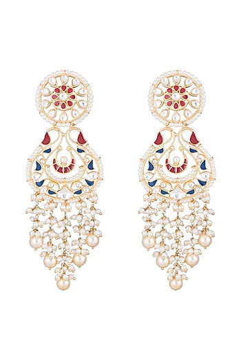 Gold Finish Enamled Faux Pearl & Kundan Earrings