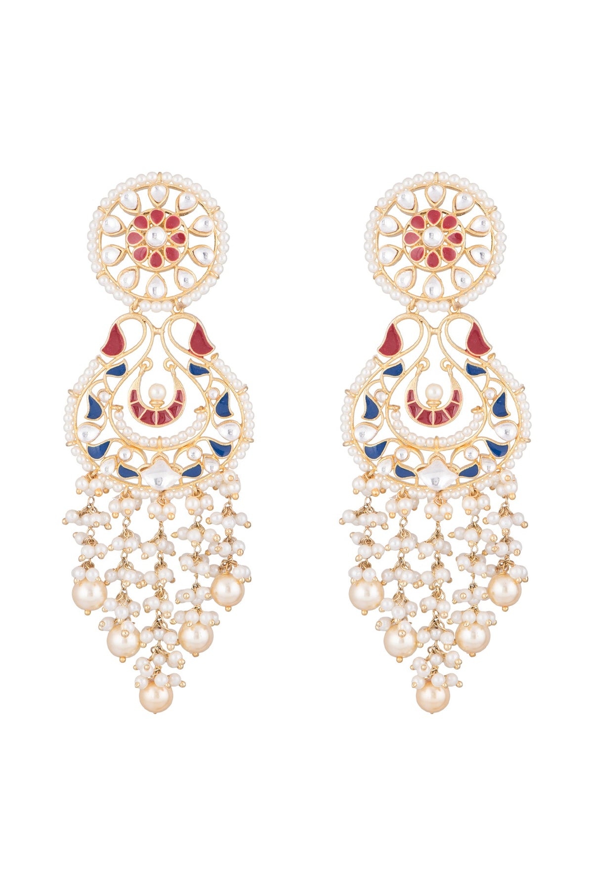 Gold Finish Enamled Faux Pearl & Kundan Earrings