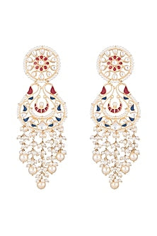 Gold Finish Enamled Faux Pearl & Kundan Earrings