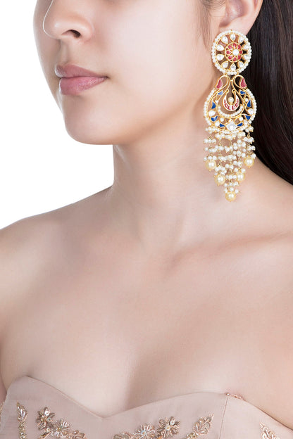 Gold Finish Enamled Faux Pearl & Kundan Earrings