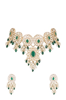 Gold Finish Faux Pearl, Diamond, Green Stone & Kundan Necklace