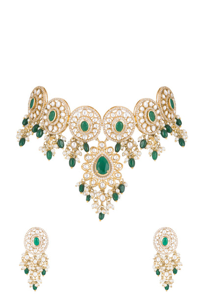 Gold Finish Faux Pearl, Diamond, Green Stone & Kundan Necklace