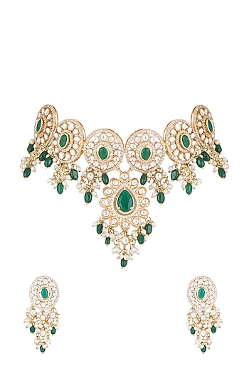 Gold Finish Faux Pearl, Diamond, Green Stone & Kundan Necklace