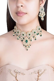 Gold Finish Faux Pearl, Diamond, Green Stone & Kundan Necklace