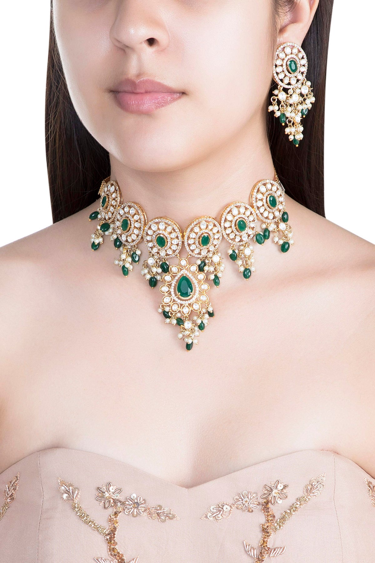 Gold Finish Faux Pearl, Diamond, Green Stone & Kundan Necklace