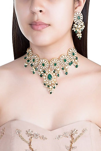 Gold Finish Faux Pearl, Diamond, Green Stone & Kundan Necklace