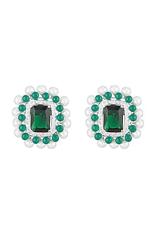 White Finish Faux Pearl, Diamond & Green Stone Stud Earrings