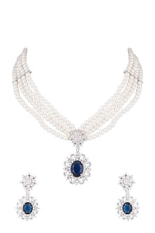 White Finish Faux Pearl, Diamond & Blue Stone Necklace Set With Bracelet & Ring