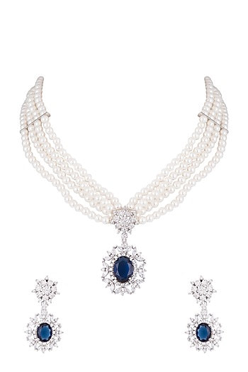 White Finish Faux Pearl, Diamond & Blue Stone Necklace Set With Bracelet & Ring
