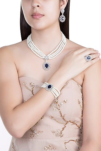 White Finish Faux Pearl, Diamond & Blue Stone Necklace Set With Bracelet & Ring
