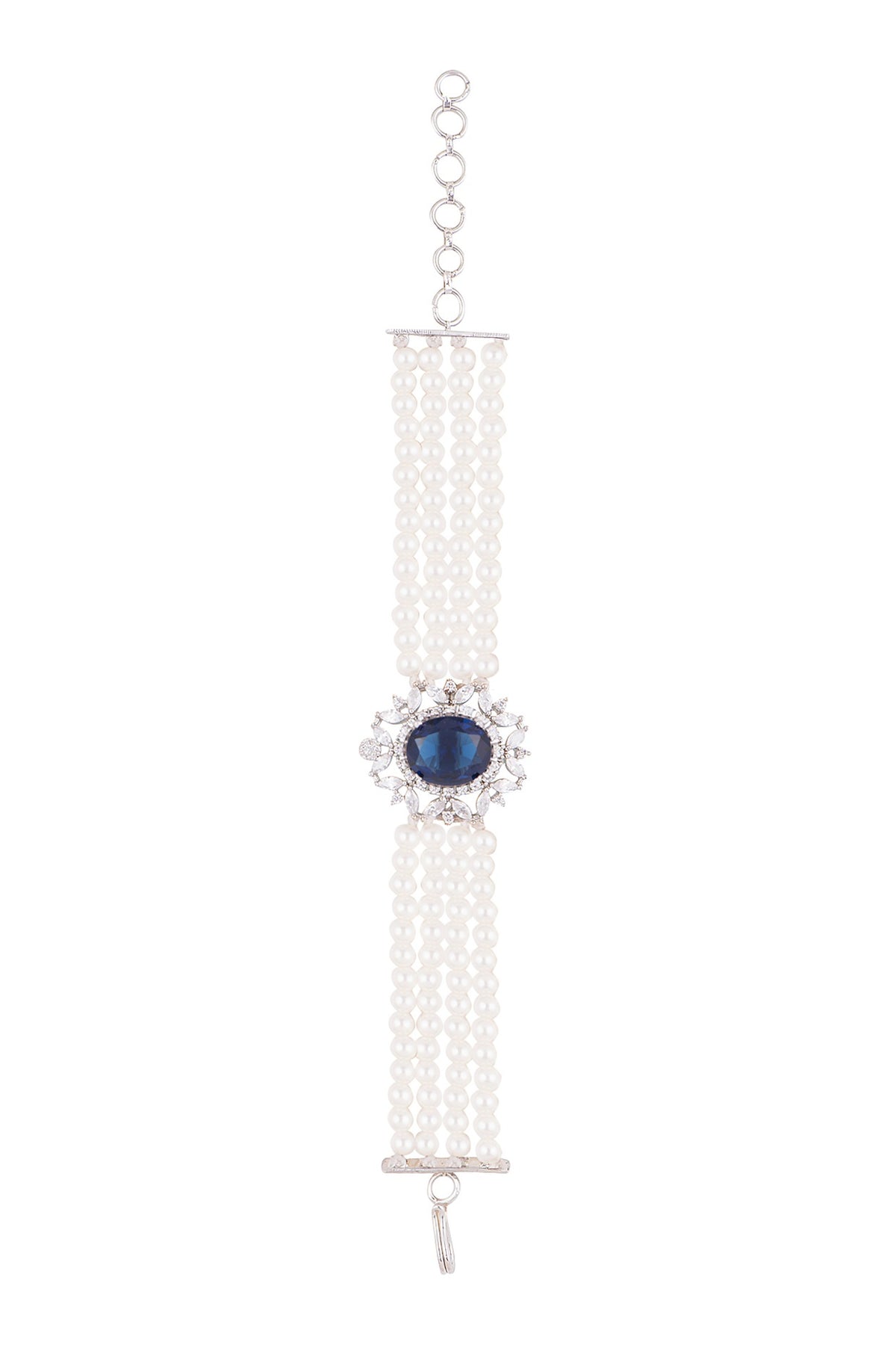 White Finish Faux Pearl, Diamond & Blue Stone Necklace Set With Bracelet & Ring