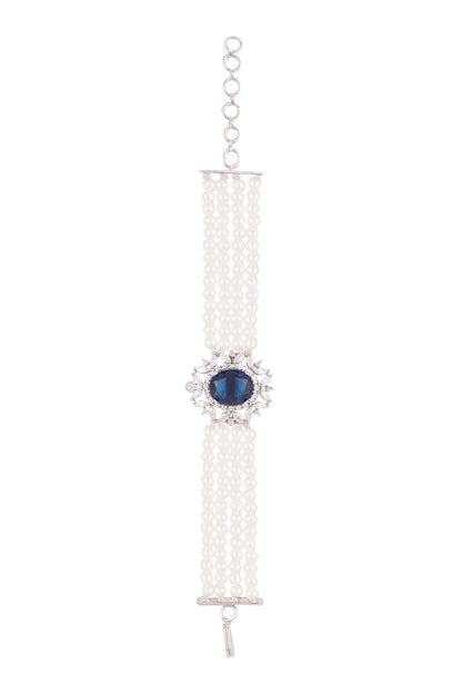 White Finish Faux Pearl, Diamond & Blue Stone Necklace Set With Bracelet & Ring