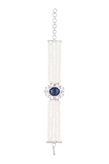White Finish Faux Pearl, Diamond & Blue Stone Necklace Set With Bracelet & Ring