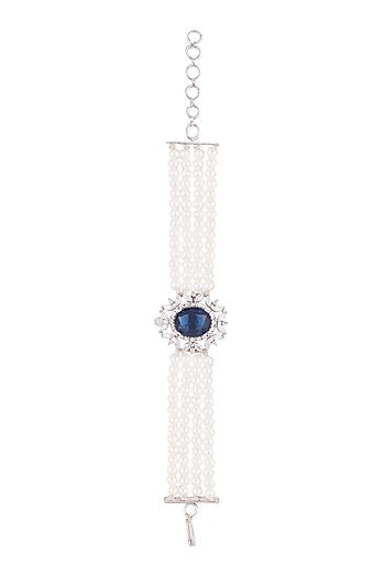 White Finish Faux Pearl, Diamond & Blue Stone Necklace Set With Bracelet & Ring