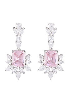White Finish Faux Diamond & Pink Stone Earrings