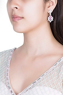 White Finish Faux Diamond & Pink Stone Earrings