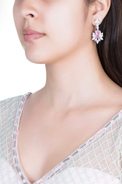 White Finish Faux Diamond & Pink Stone Earrings