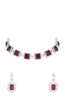 White Finish Faux Pearl, Diamond & Red Stone Choker Necklace Set With Ring