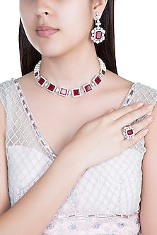 White Finish Faux Pearl, Diamond & Red Stone Choker Necklace Set With Ring