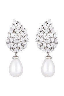 White Finish Faux Diamond & Pearl Drop Earrings