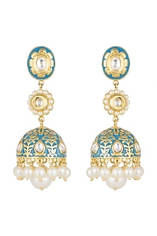 Gold Finish Enamled Faux Pearl & Kundan Jhumka Earrings