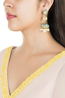 Gold Finish Enamled Faux Pearl & Kundan Jhumka Earrings