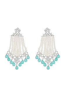 White Finish Faux Pearl Strands, Turquoise Drops & Kundan Long Dangler Earrings