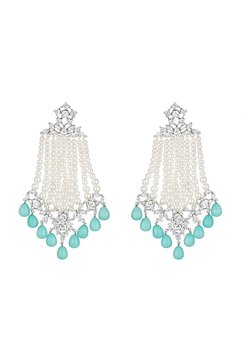 White Finish Faux Pearl Strands, Turquoise Drops & Kundan Long Dangler Earrings