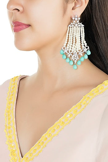 White Finish Faux Pearl Strands, Turquoise Drops & Kundan Long Dangler Earrings