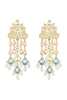 Gold Finish Faux Kundan & Pearls Enameled Earrings