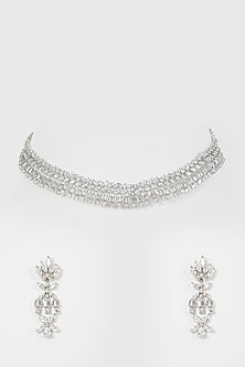 White Finish Diamond Choker Necklace Set