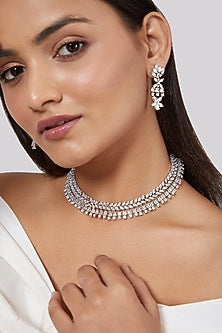 White Finish Diamond Choker Necklace Set