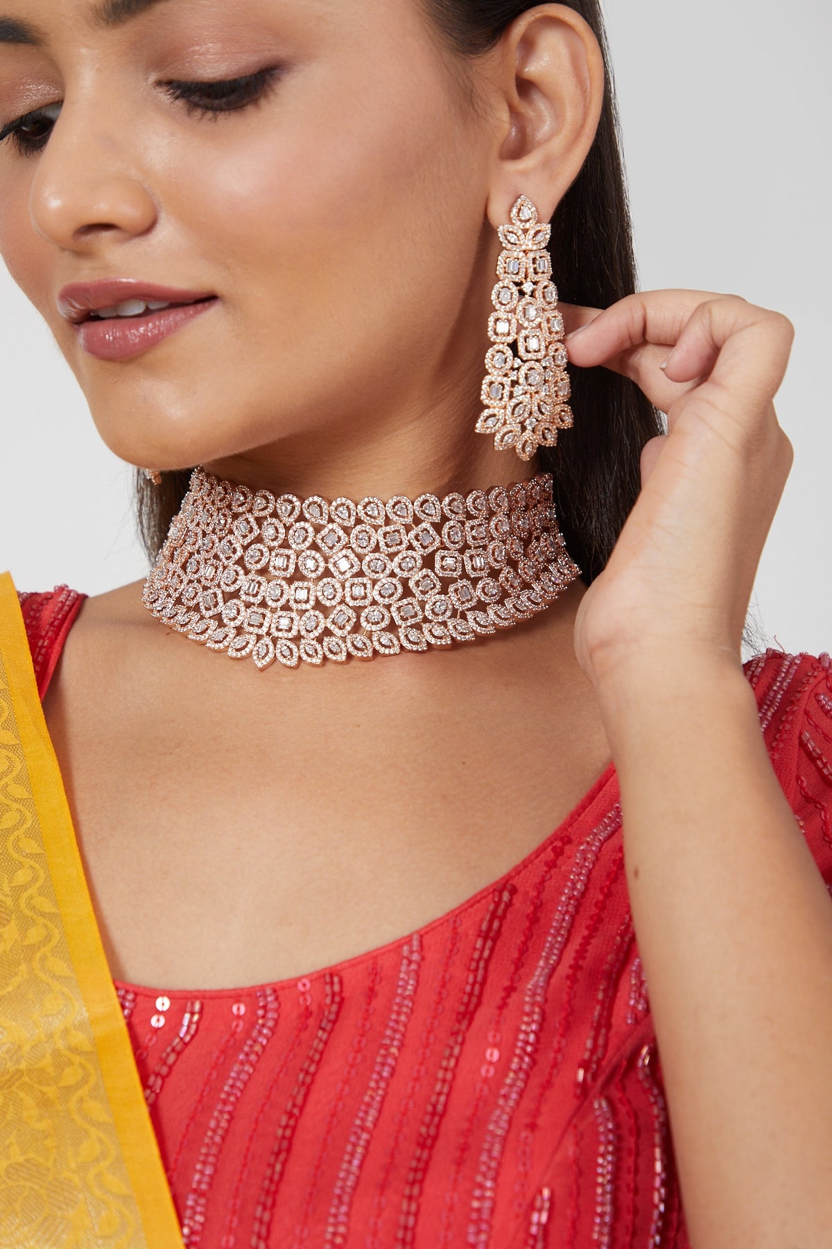 Rose Gold Finish Zircon Choker Necklace Set