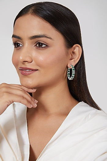 White Finish Green & White Zircon Hoop Earrings