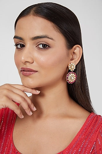 Gold Finish Zircon & Red Synthetic Stone Dangler Earring