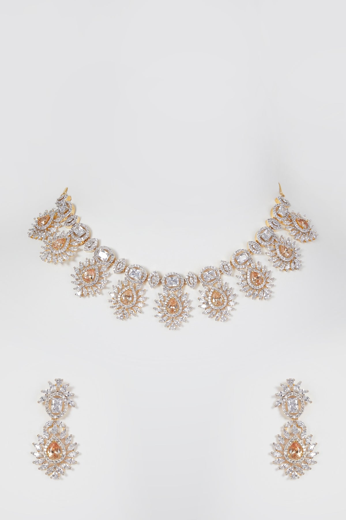Gold Finish Zircon & Champagne Stone Necklace Set