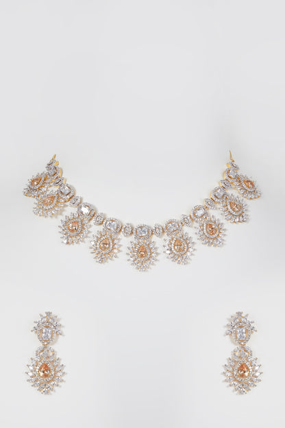 Gold Finish Zircon & Champagne Stone Necklace Set