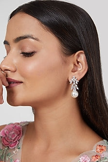 Black Rhodium Finish Zircon & Pearl Earrings