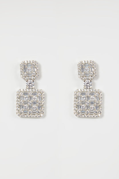 White Finish Zircon Square Dangler Earrings