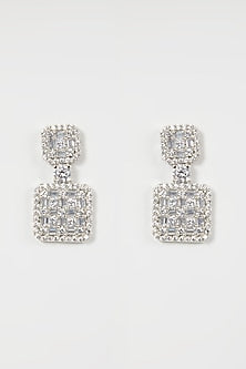 White Finish Zircon Square Dangler Earrings