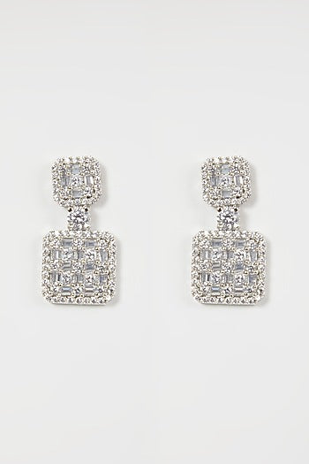 White Finish Zircon Square Dangler Earrings