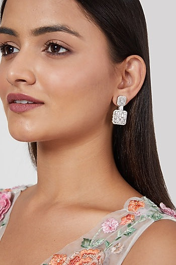 White Finish Zircon Square Dangler Earrings