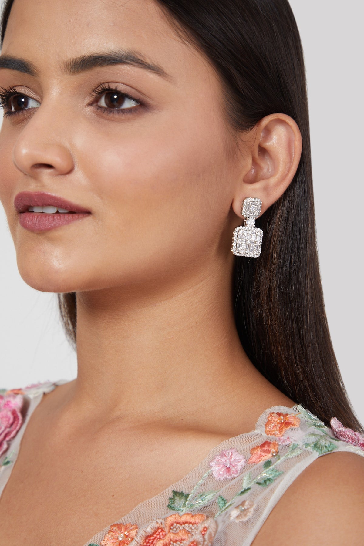 White Finish Zircon Square Dangler Earrings