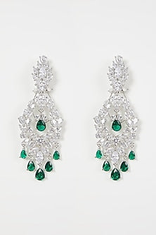 White Finish Green Stone & Diamond Earrings