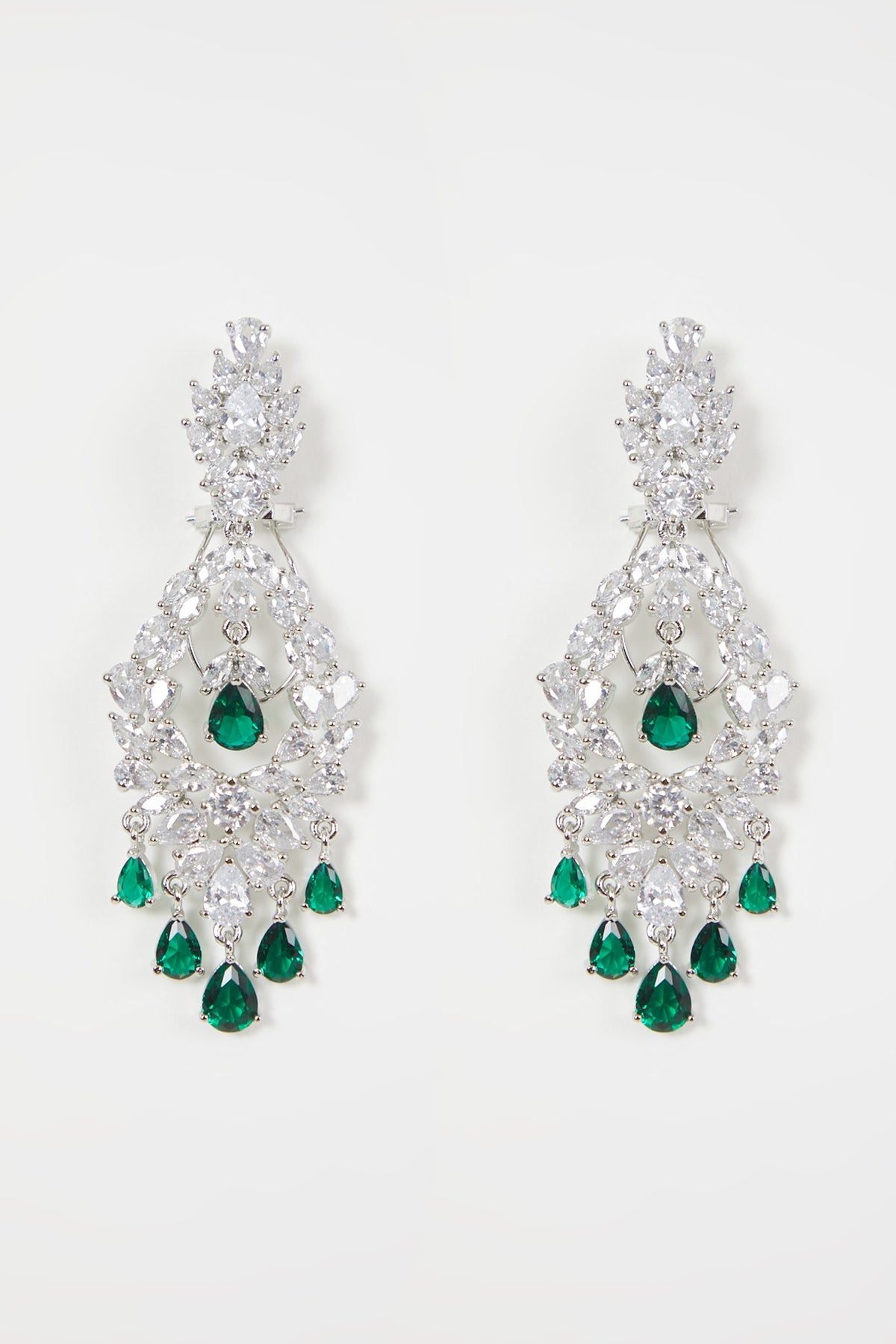 White Finish Green Stone & Diamond Earrings