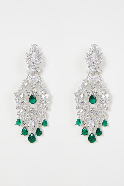 White Finish Green Stone & Diamond Earrings