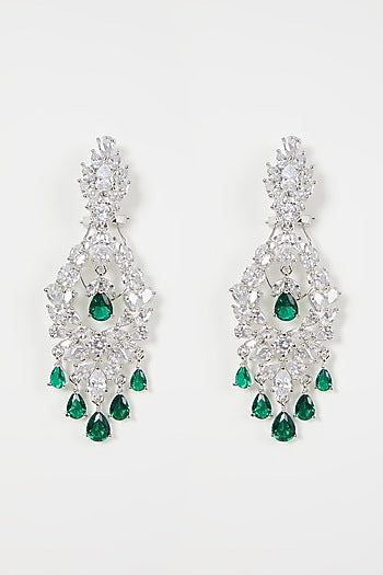 White Finish Green Stone & Diamond Earrings
