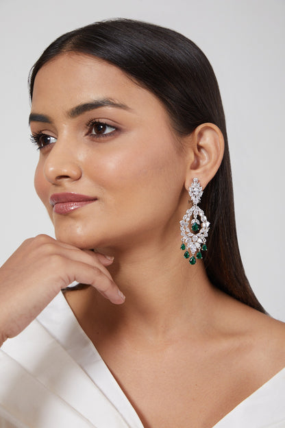 White Finish Green Stone & Diamond Earrings